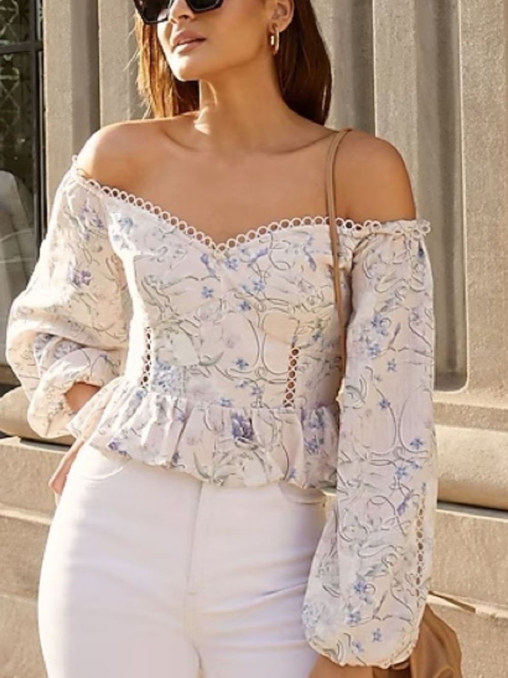EXPRESS Crochet-Trim Floral Peplum Blouse in Light Blue & Cream Size S